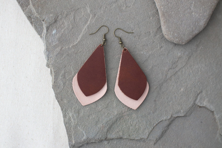 Leather Earrings: Layered Drop Leaf H