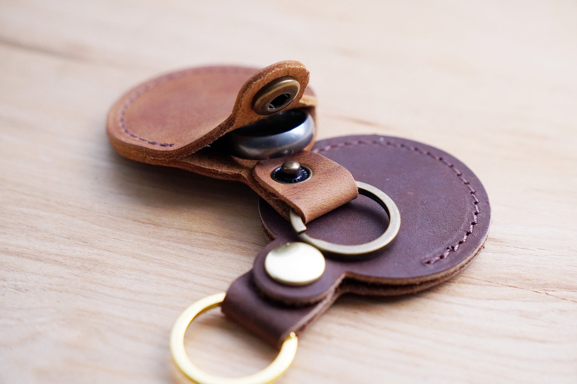 Customizable full shops grain leather key ring - Cognac